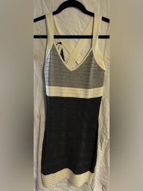 Sleeveless Striped Knit Bodycon Dress in Gray, Cream & Black
